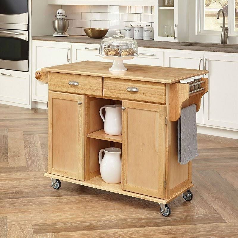 Natural Wood Finish Kitchen Island Cart with Locking Casters I320