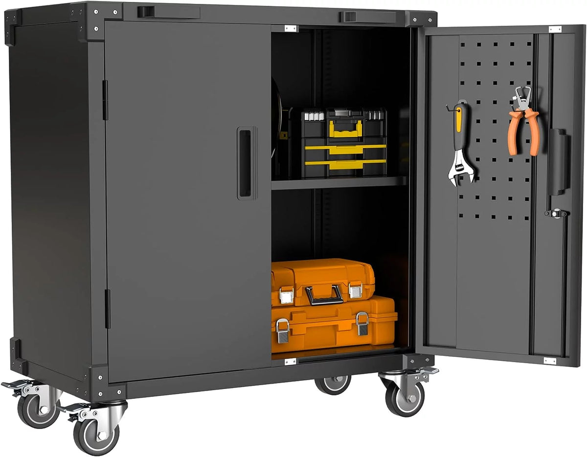 Lockable Steel Storage Cabinet with Adjustable Shelves and Wheels, Black D821230