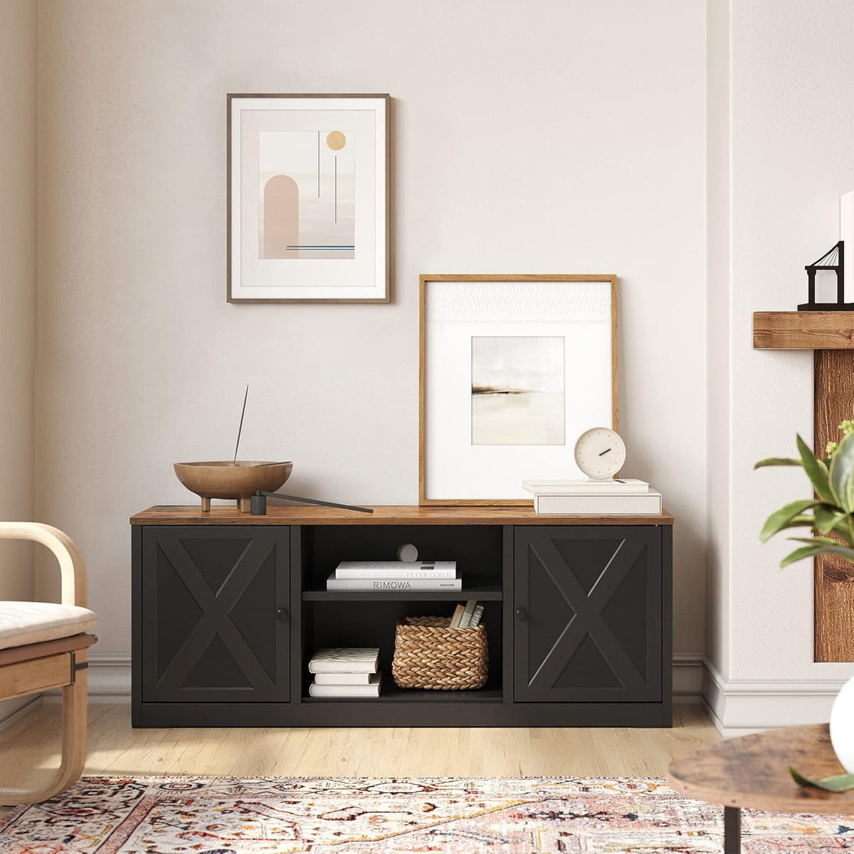 Rustic Brown and Black TV Stand with Open Shelves and 2 Cabinets I85755