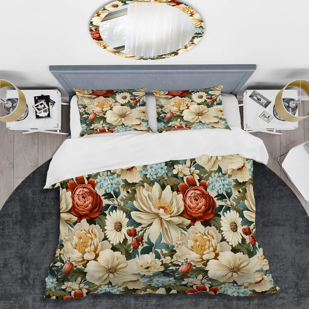 Beige Red Cottage Bedding Set With Shams Full Queen P1735