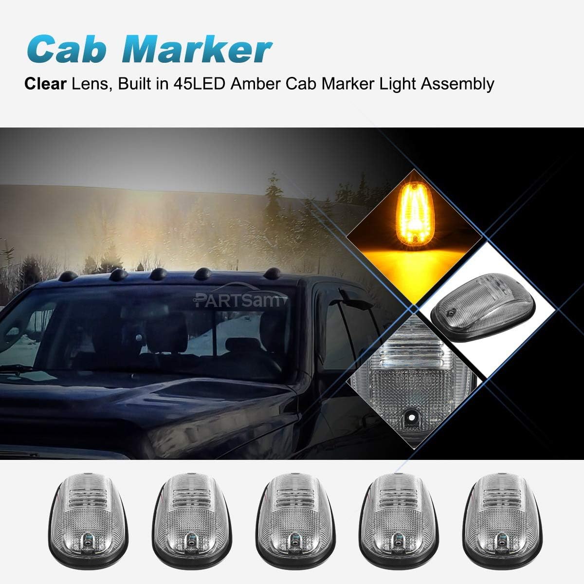 5PCS Clear/Amber 45LED Cab Marker Roof Light V49755