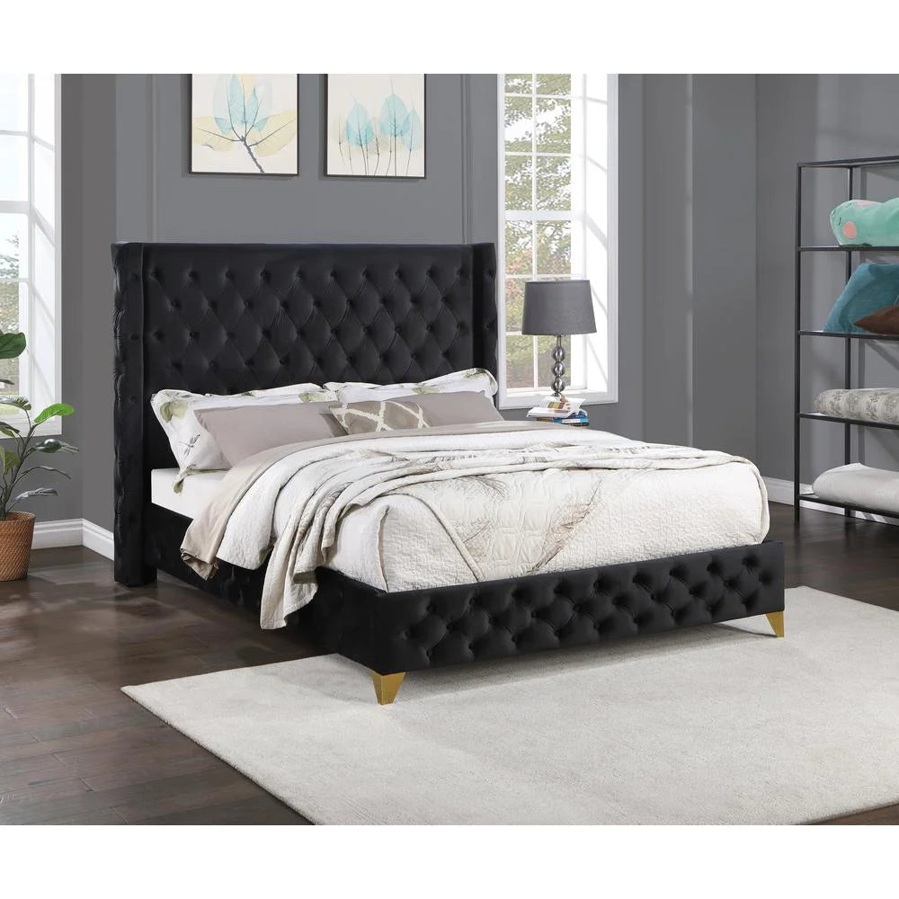King Platform Bed with Black Velvet Upholstery W78542