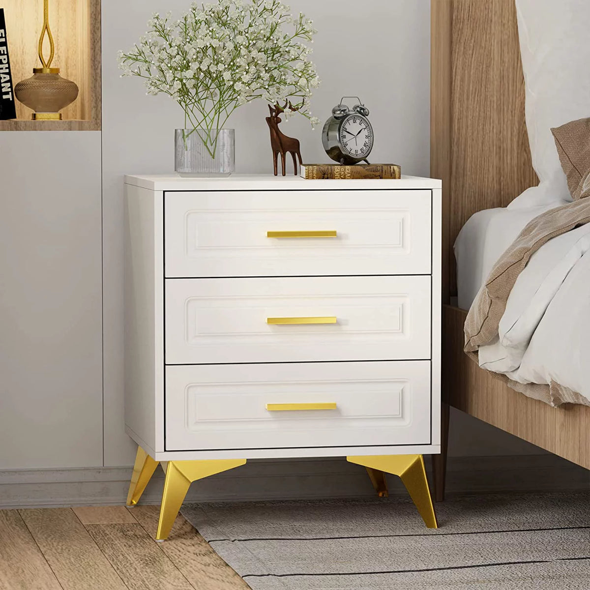 White 3 Drawer Wood Nightstand O744439