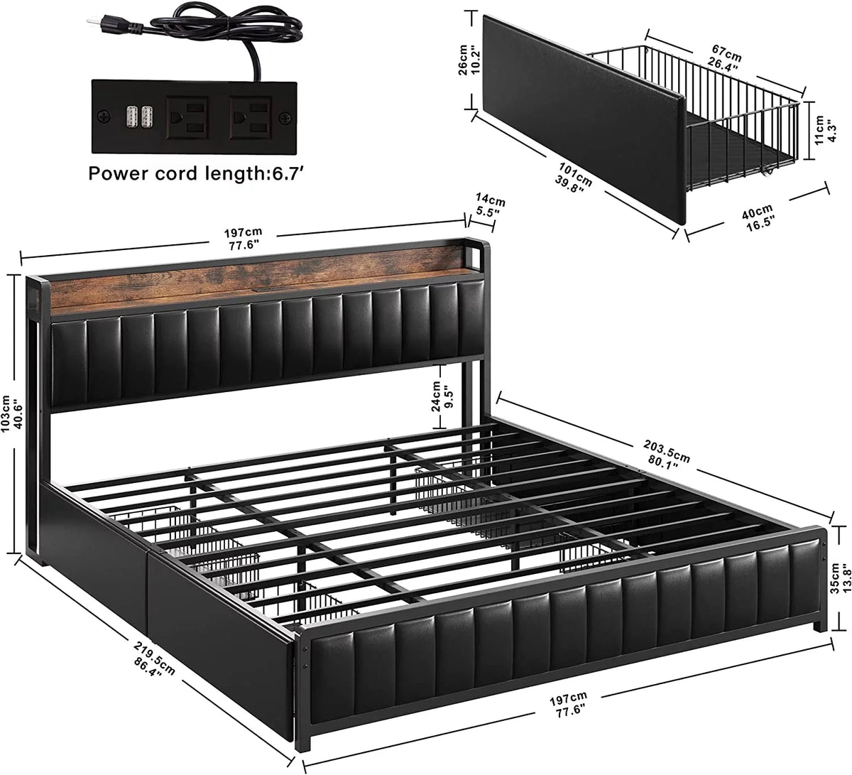 King Bed Frame with Storage Drawers and Upholstered Platform Bed I470