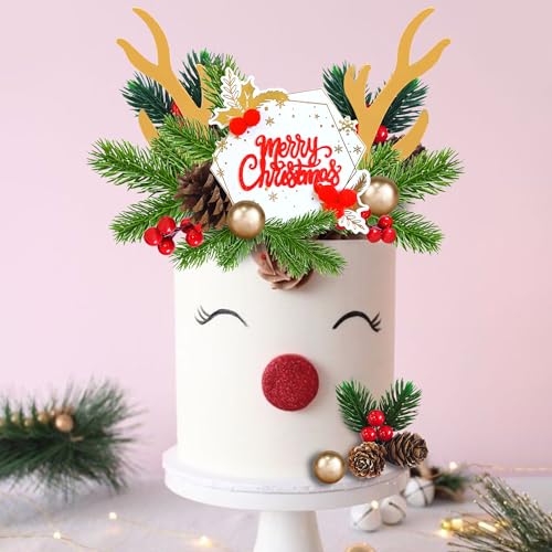 Christmas Cake Topper Deer Elk Cake Decorations with Pine Tree Pine Cones Golden Ball U311992
