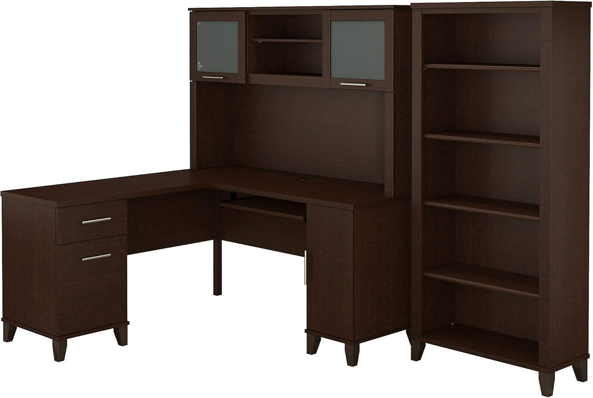 L Shaped Desk with Hutch and 5 Shelf Bookcase S10496
