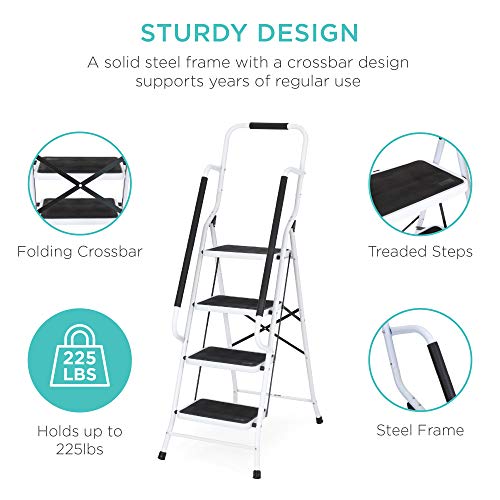4-Step Folding Step Stool with Padded Hand Grips, Non Slip Rubber Feet, Attachable Tool Bag V642