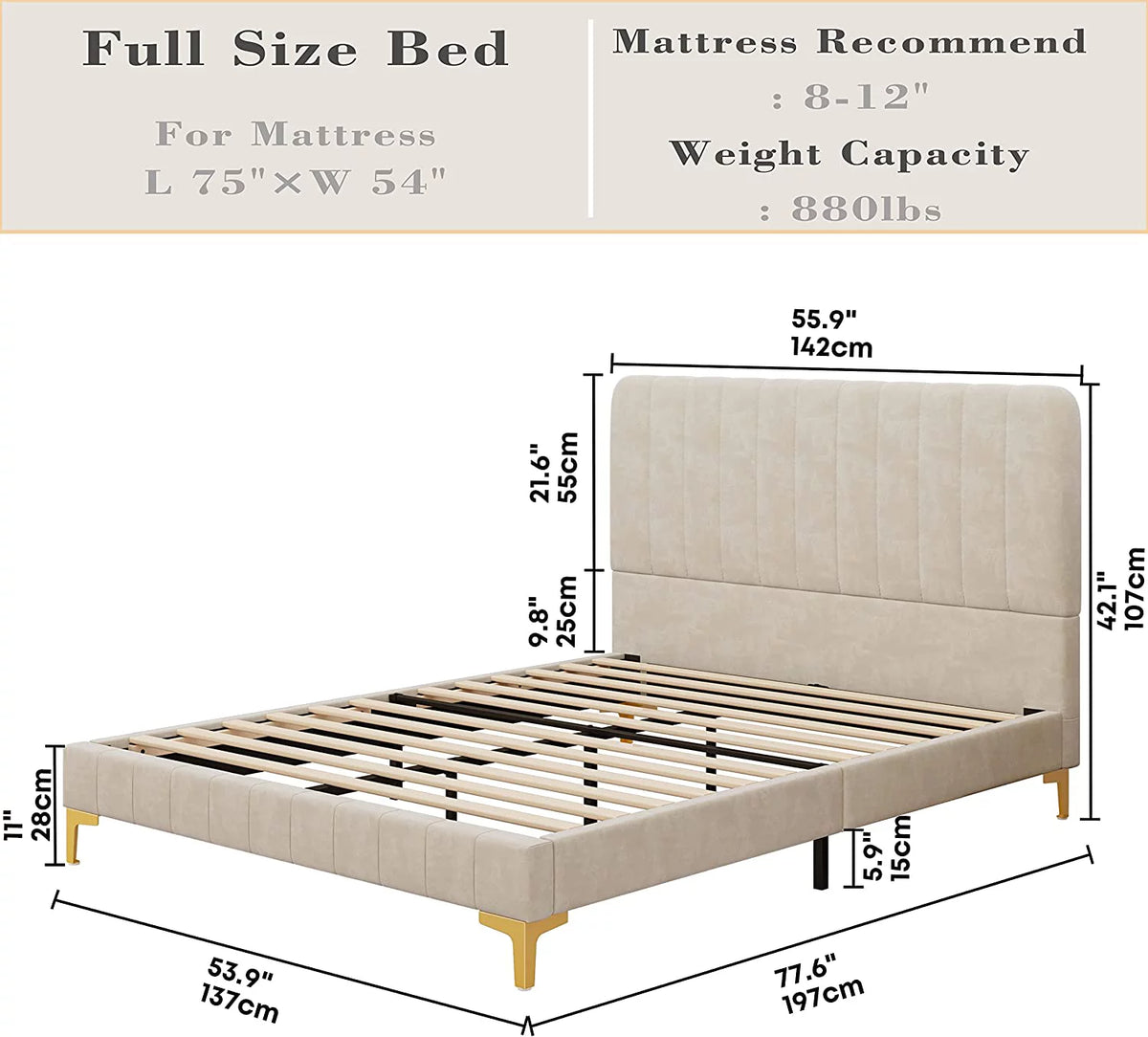 Beige Upholstered Full Size Platform Bed with Headboard B493751