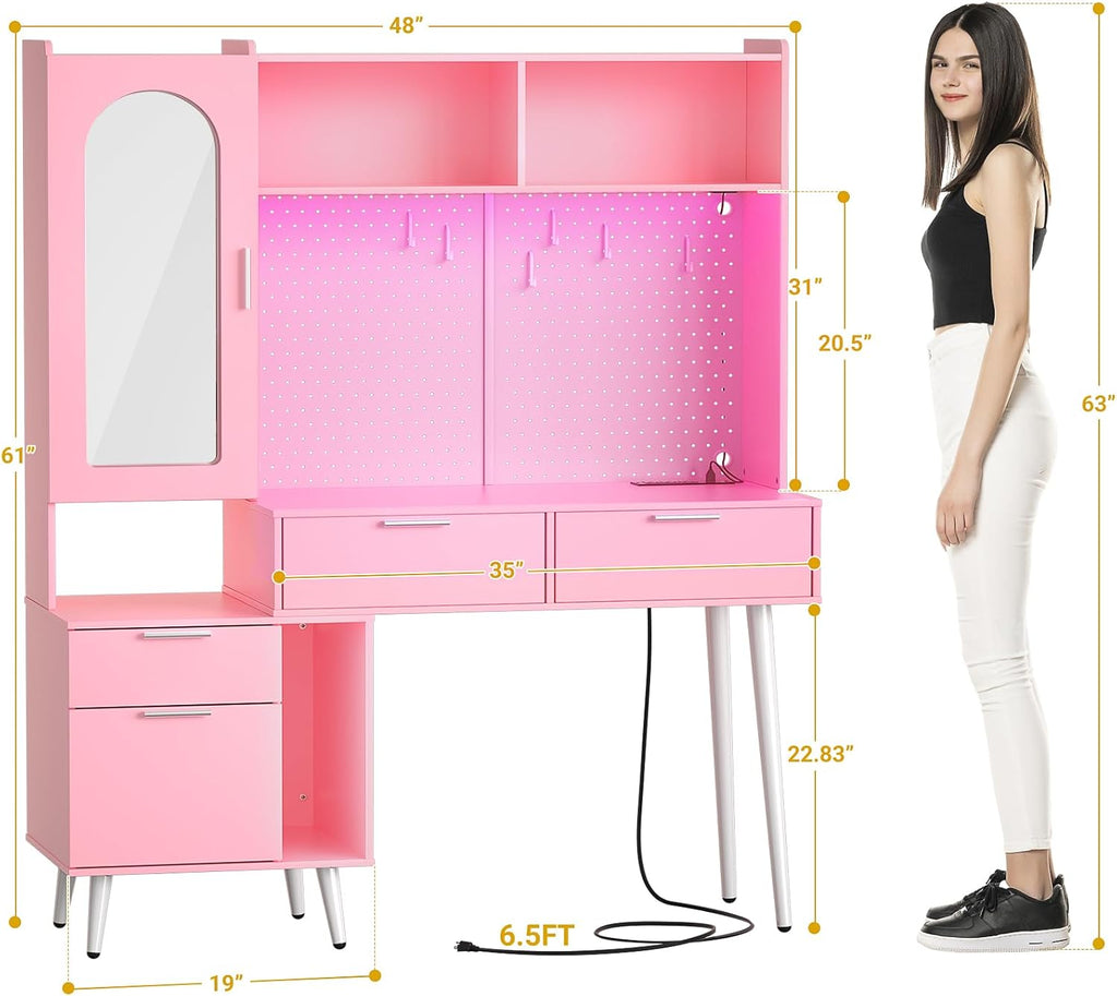 48 Inch Pink Vanity Desk with Mirror, LED Light, Charging Station, Drawers, Cabinet, Pegboard, Shelves, Storage Hutch B8214