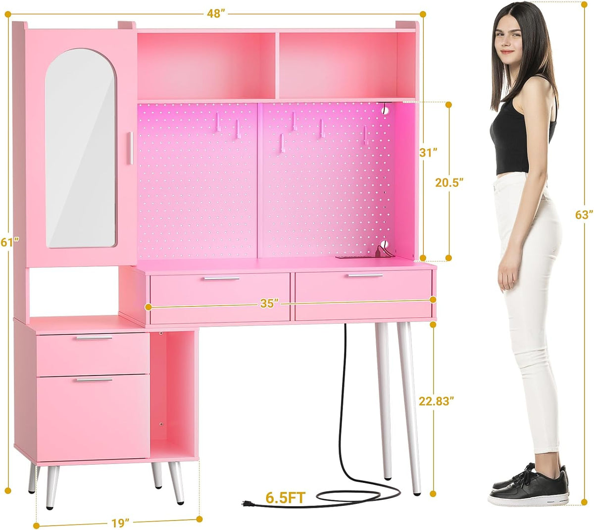 48 Inch Pink Vanity Desk with Mirror, LED Light, Charging Station, Drawers, Cabinet, Pegboard, Shelves, Storage Hutch B8214