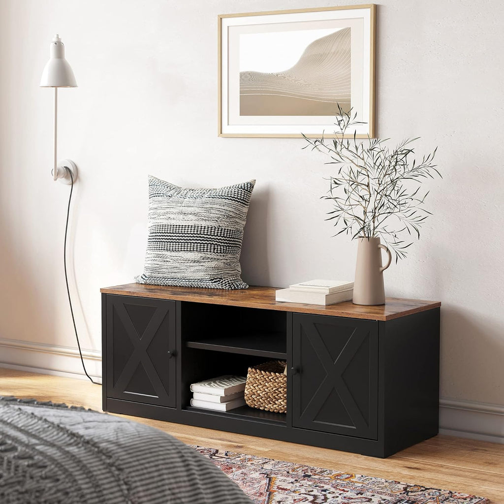 Rustic Brown and Black TV Stand with Open Shelves and 2 Cabinets I85755