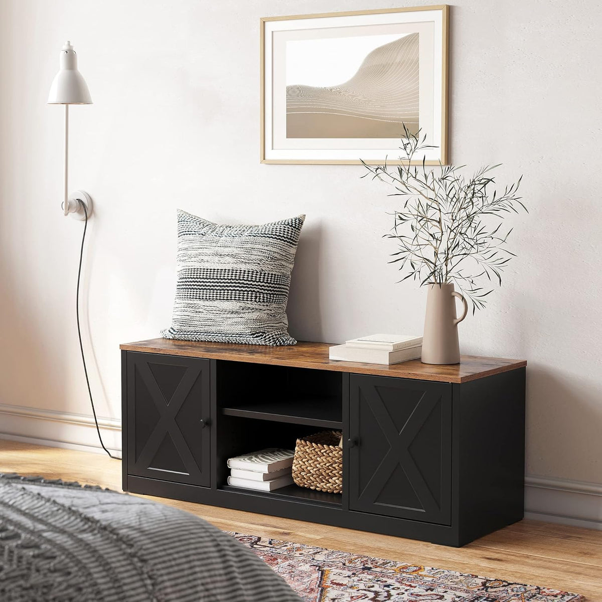 Rustic Brown and Black TV Stand with Open Shelves and 2 Cabinets I85755