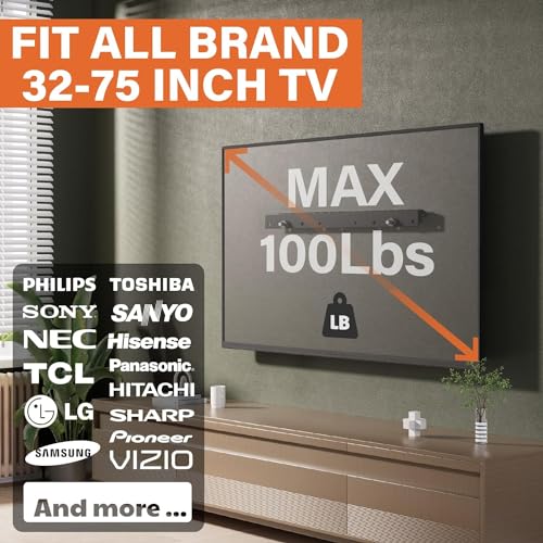 Universal Studless TV Wall Mount for 32-75Inch TVs, Low Profile, 100lbs, Vesa 200x100 to 600x400mm R7798