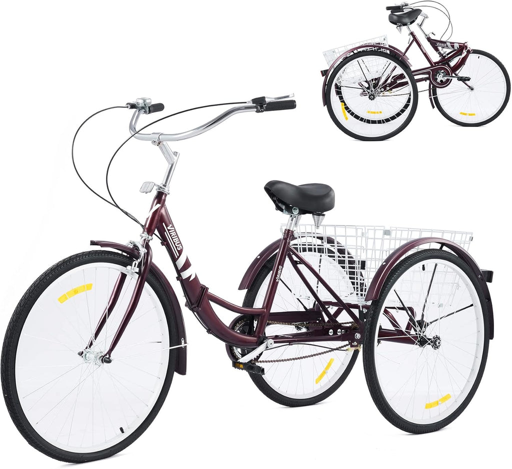 26 Adult Folding Tricycle 1 Speed High Carbon Steel Three Wheeled Trike with Large Rear Basket Adjustable Spring Saddle Rubber Tires Bell Reflectors A470