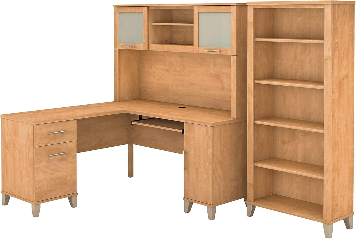 L Shaped Desk with Hutch and 5 Shelf Bookcase S10496