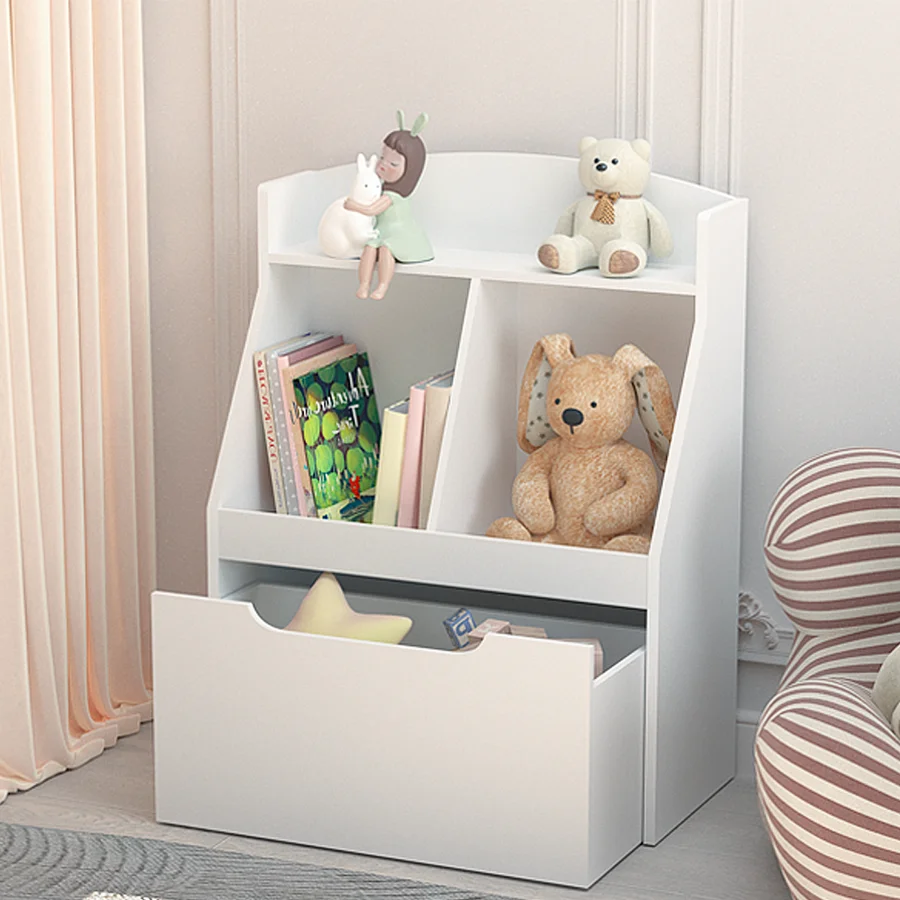White Wooden Kids Bookcase with Toy Box on Wheels N530689