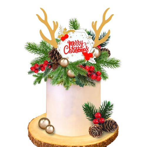 Christmas Cake Topper Deer Elk Cake Decorations with Pine Tree Pine Cones Golden Ball U311992