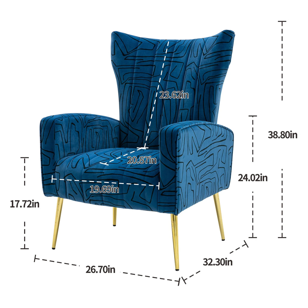 Navy Blue Velvet Wingback Accent Chair with Metal Legs K2500