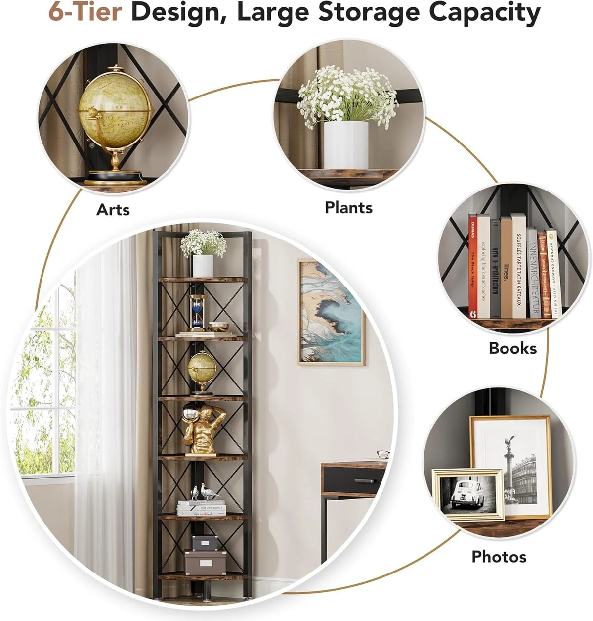 6 Tier Corner Shelf Rustic Corner Bookshelf Small Bookcase Corner Storage Rack Plant Stand K835244