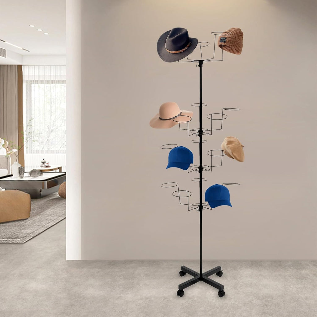 7 Tier Rotating Hat Display Stand with 4 Wheels, Adjustable Metal Hat Stand, 35 Metal Hooks, Black S23537