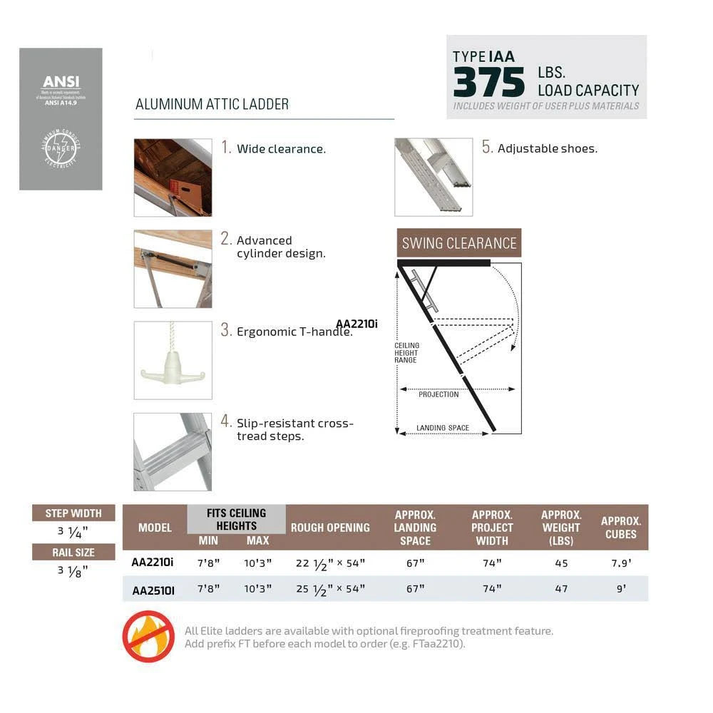 Aluminum Attic Ladder, 7 ft. 8 in. to 10 ft. 3 in., 25.5 in. x 54 in., 375 lbs. Maximum Load Capacity J552778