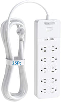 25 Ft Extension Cord Surge Protector with 10 Outlets 2 USB, Pack of 2 M4327