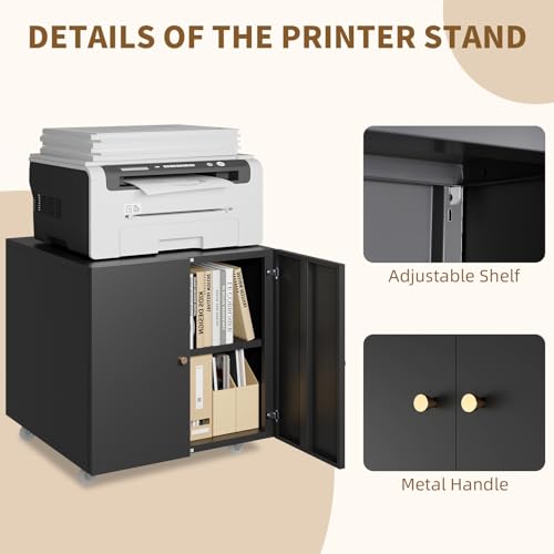 Black Small Rolling Printer Stand with Storage and Adjustable Shelf E212365