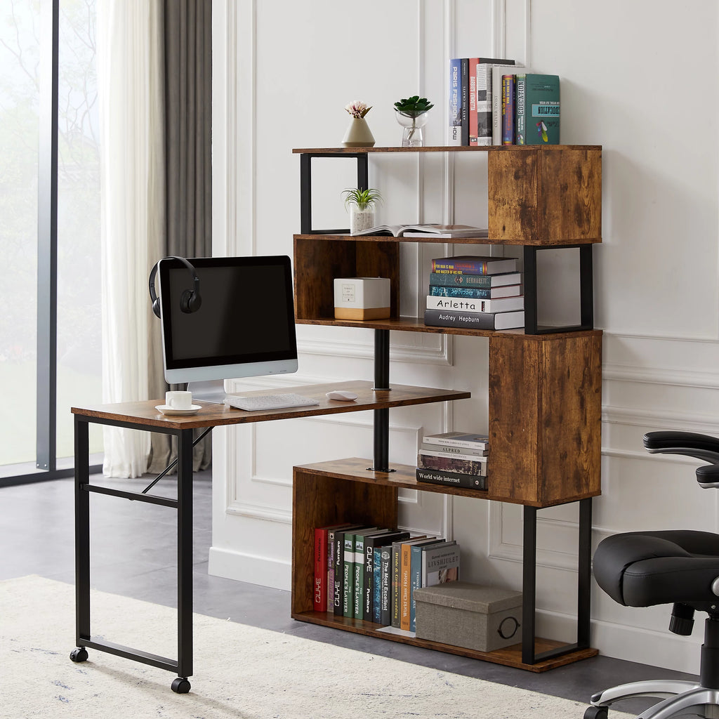 L-Shaped Corner Computer Desk with 5-Tier Bookshelf S677