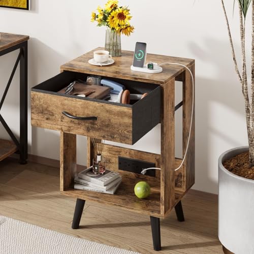 Gray Nightstands Set of 2 with Fabric Drawer and Open Wood Shelf V389
