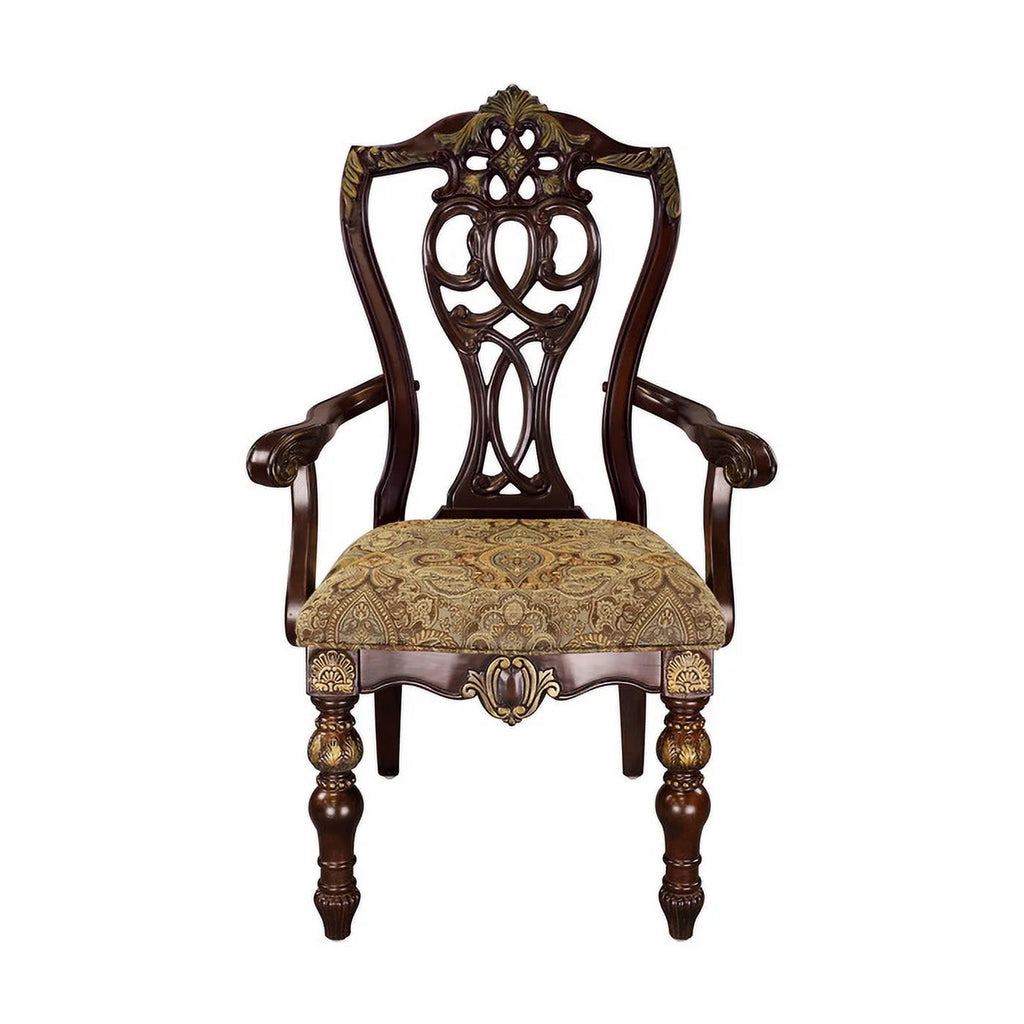 Fabric Upholstered Wooden Arm Chair Set of 2 Cherry Brown F3199