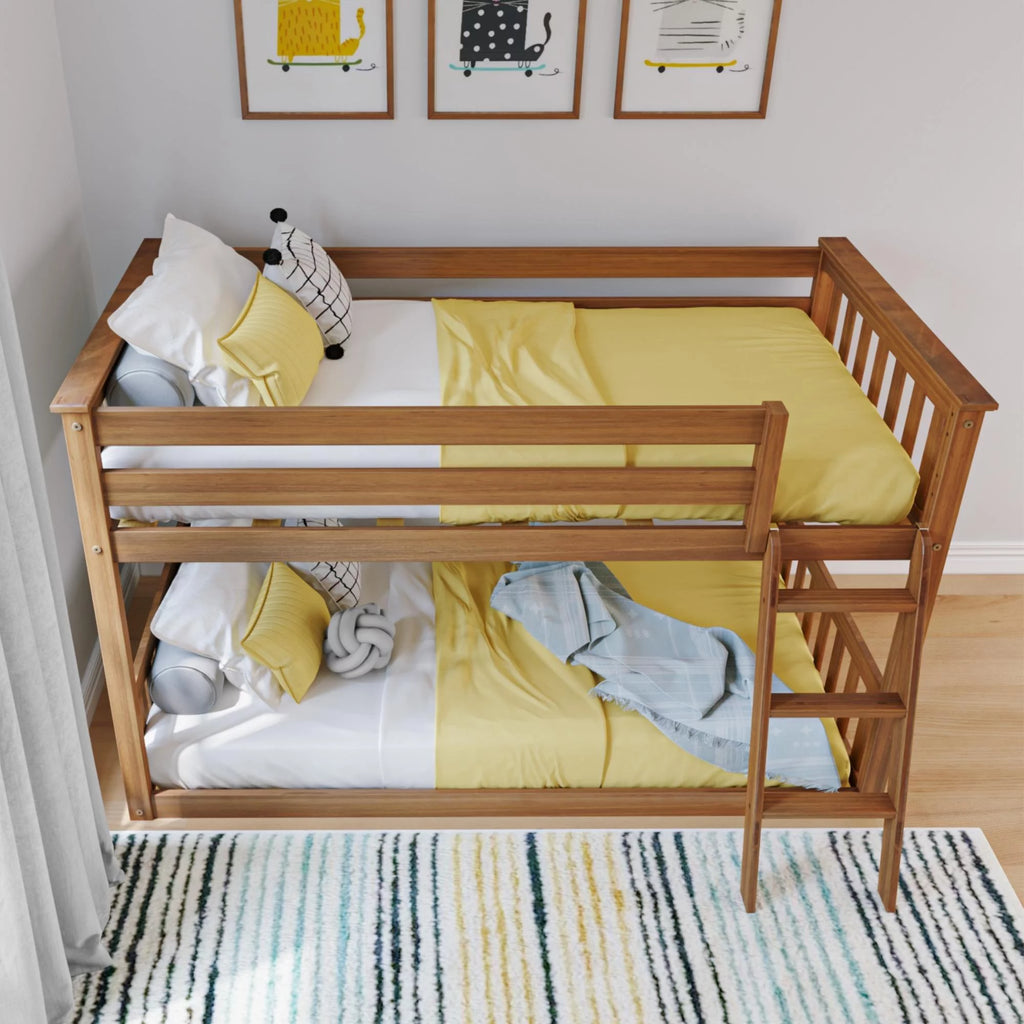 Twin over Twin Solid Wood Low Bunk Bed with Ladder, Pecan J32316
