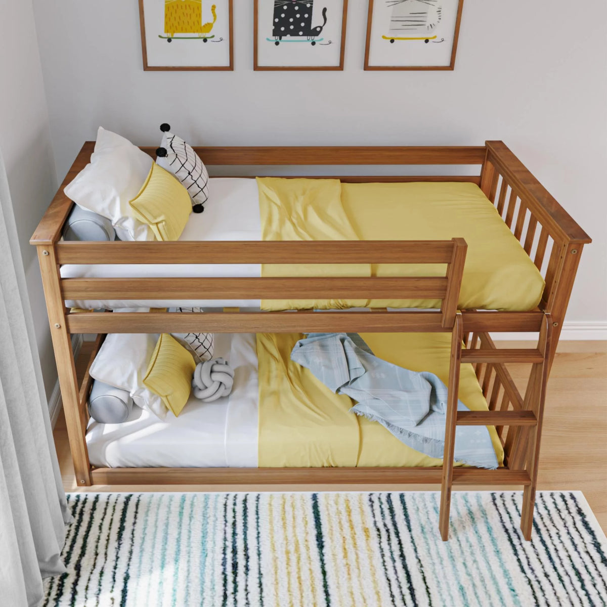 Twin over Twin Solid Wood Low Bunk Bed with Ladder, Pecan J32316