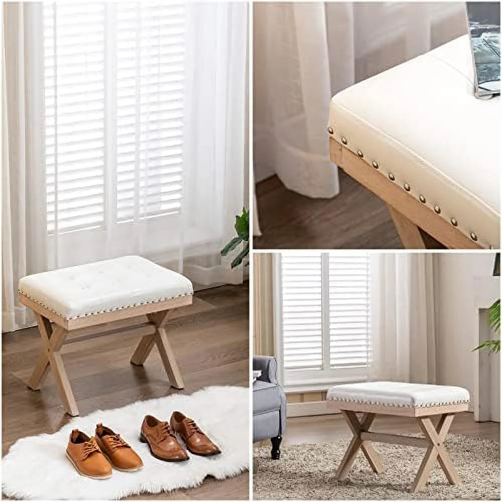 Burlap Linen Fabric Upholstered Bench Ottoman with X-Shaped Wooden Legs S23771