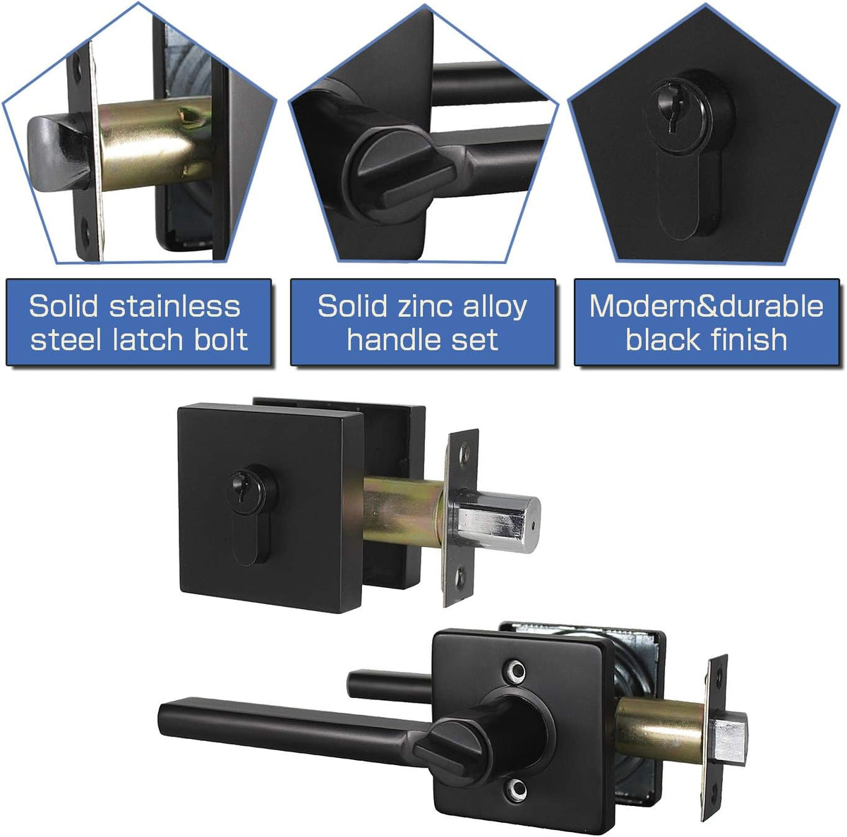5 Pack Square Lever Handle for Closet Keyless Non-Locking Heavy Duty Interior Doors Passage Door Lever Black Finish Reversible Left or Right X1701