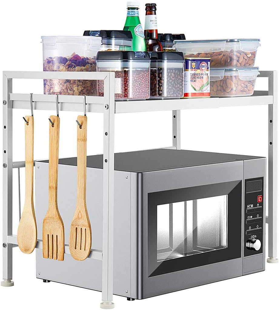 Expandable White Microwave Oven Rack Shelf Storage Stand, 2 Tiers with 3 Hooks O188