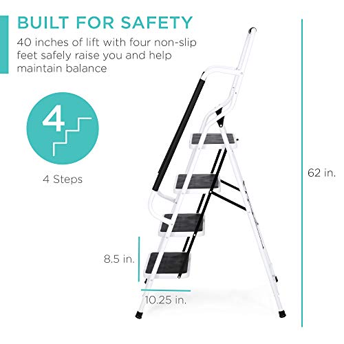 4-Step Folding Step Stool with Padded Hand Grips, Non Slip Rubber Feet, Attachable Tool Bag V642