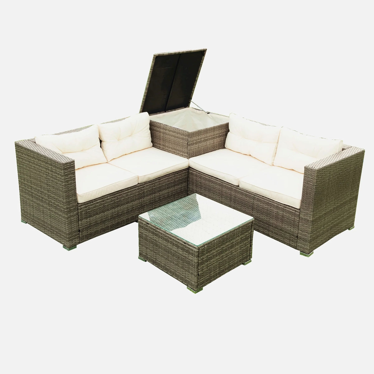 Creme 4 Piece Patio Sectional Wicker Rattan Outdoor Furniture Sofa Set with Storage Box D4560