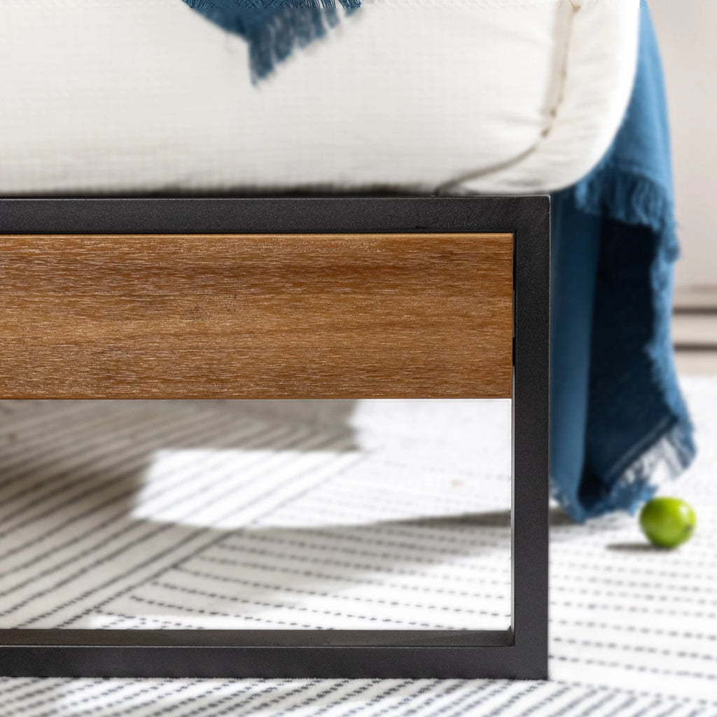 Metal and Wood Platform Bed Frame with Headboard, Chestnut Brown, Full Y4403