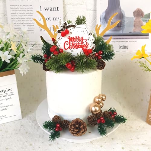 Christmas Cake Topper Deer Elk Cake Decorations with Pine Tree Pine Cones Golden Ball U311992