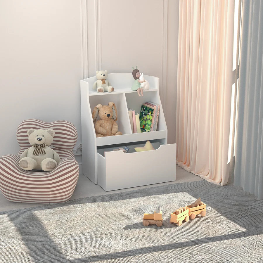 White Wooden Kids Bookcase with Toy Box on Wheels N530689