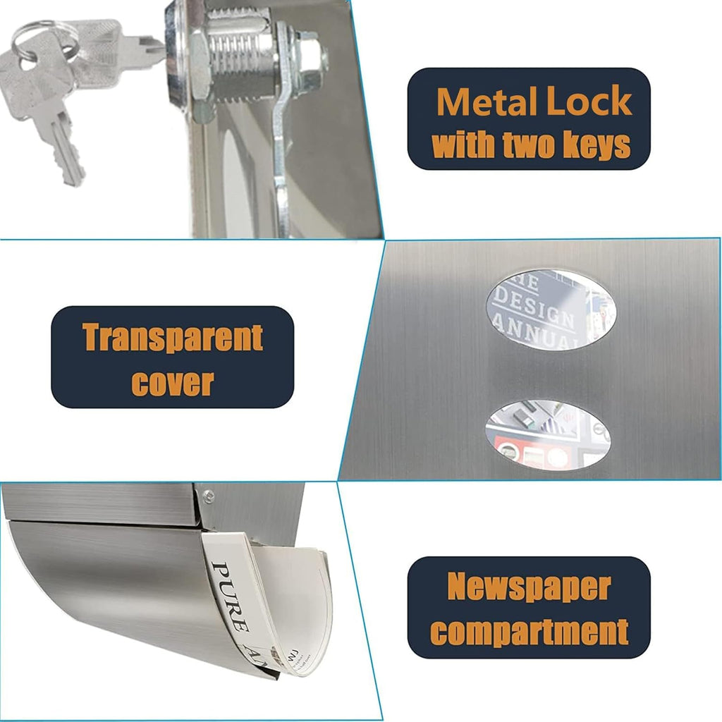 Large Wall-Mount Locking Mailbox with Key Lock and Newspaper Holder, 15.6" x 11.7" x 4.7" N378