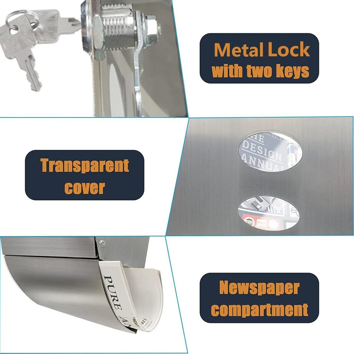 Large Wall-Mount Locking Mailbox with Key Lock and Newspaper Holder, 15.6" x 11.7" x 4.7" N378