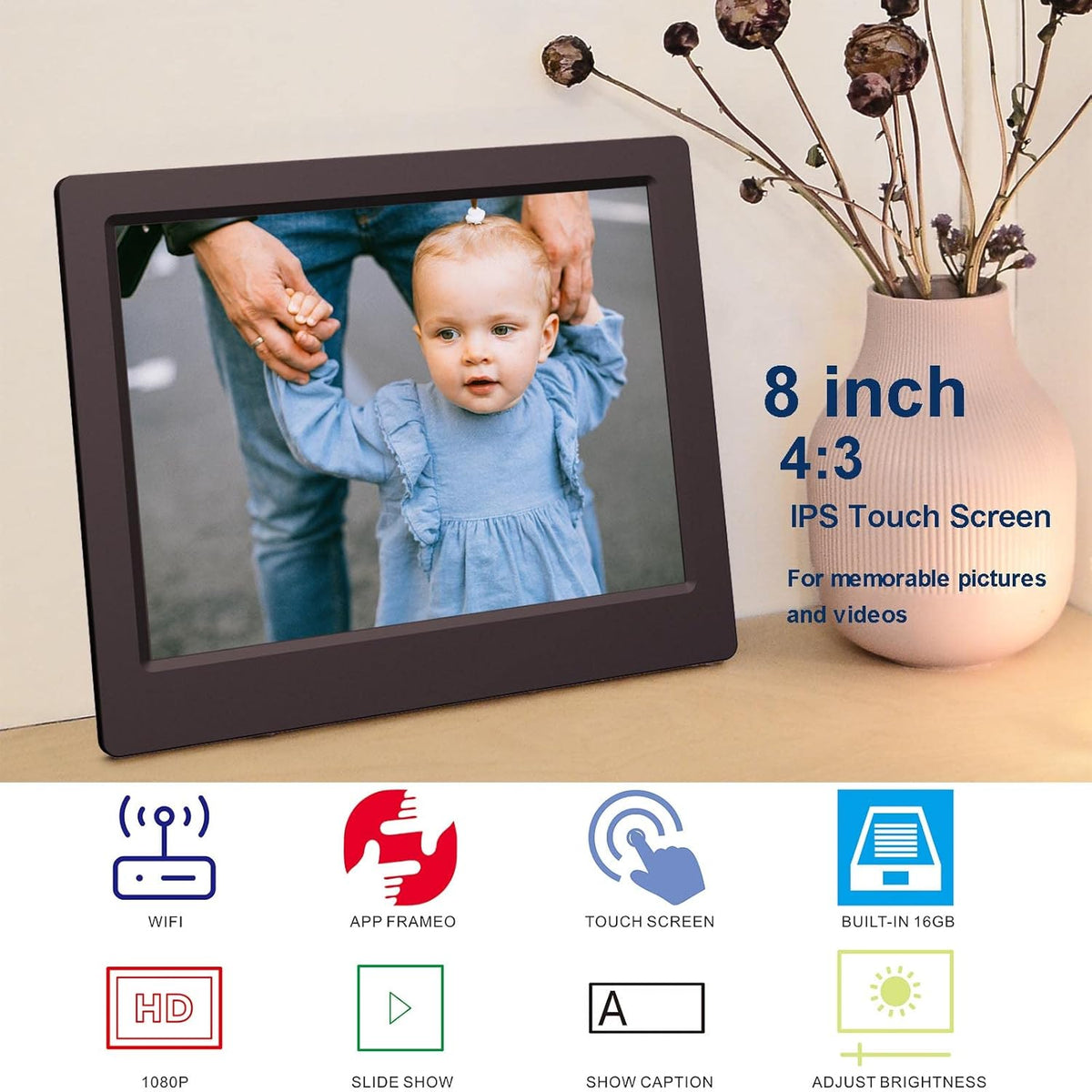 Digital Photo Frame WiFi 8 Inch Touch Screen IPS Display 16GB Storage N867071
