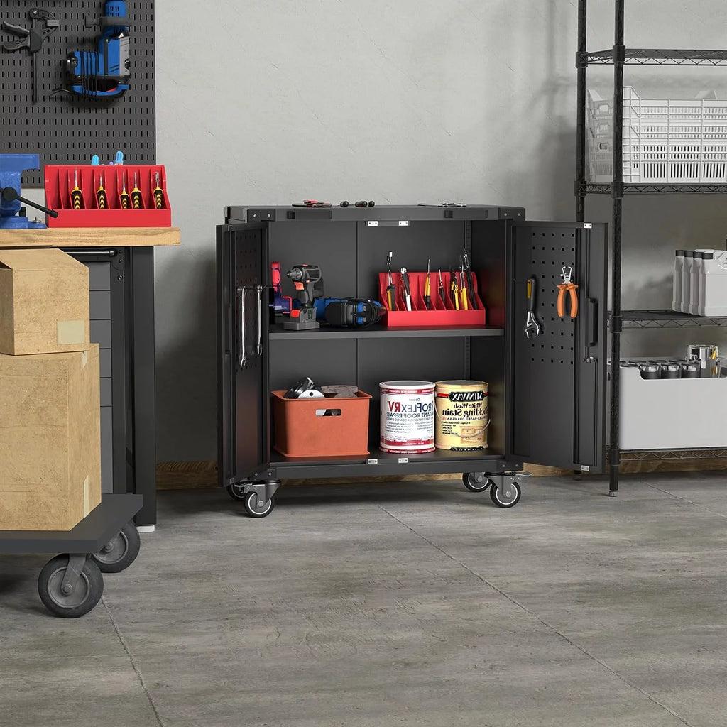 Lockable Steel Storage Cabinet with Adjustable Shelves and Wheels, Black D821230