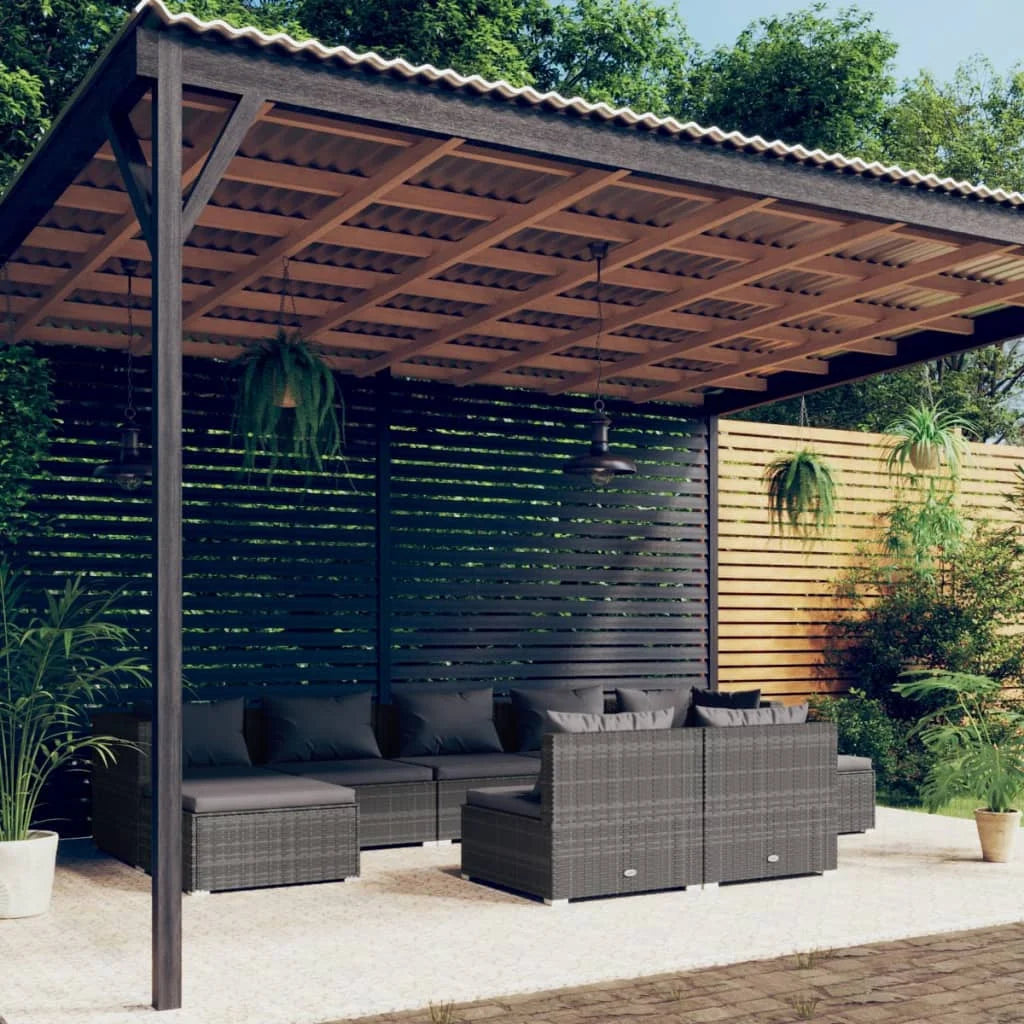 9 Piece Patio Set with Cushions Gray Poly Rattan H818