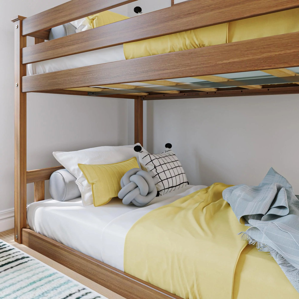 Twin over Twin Solid Wood Low Bunk Bed with Ladder, Pecan J32316