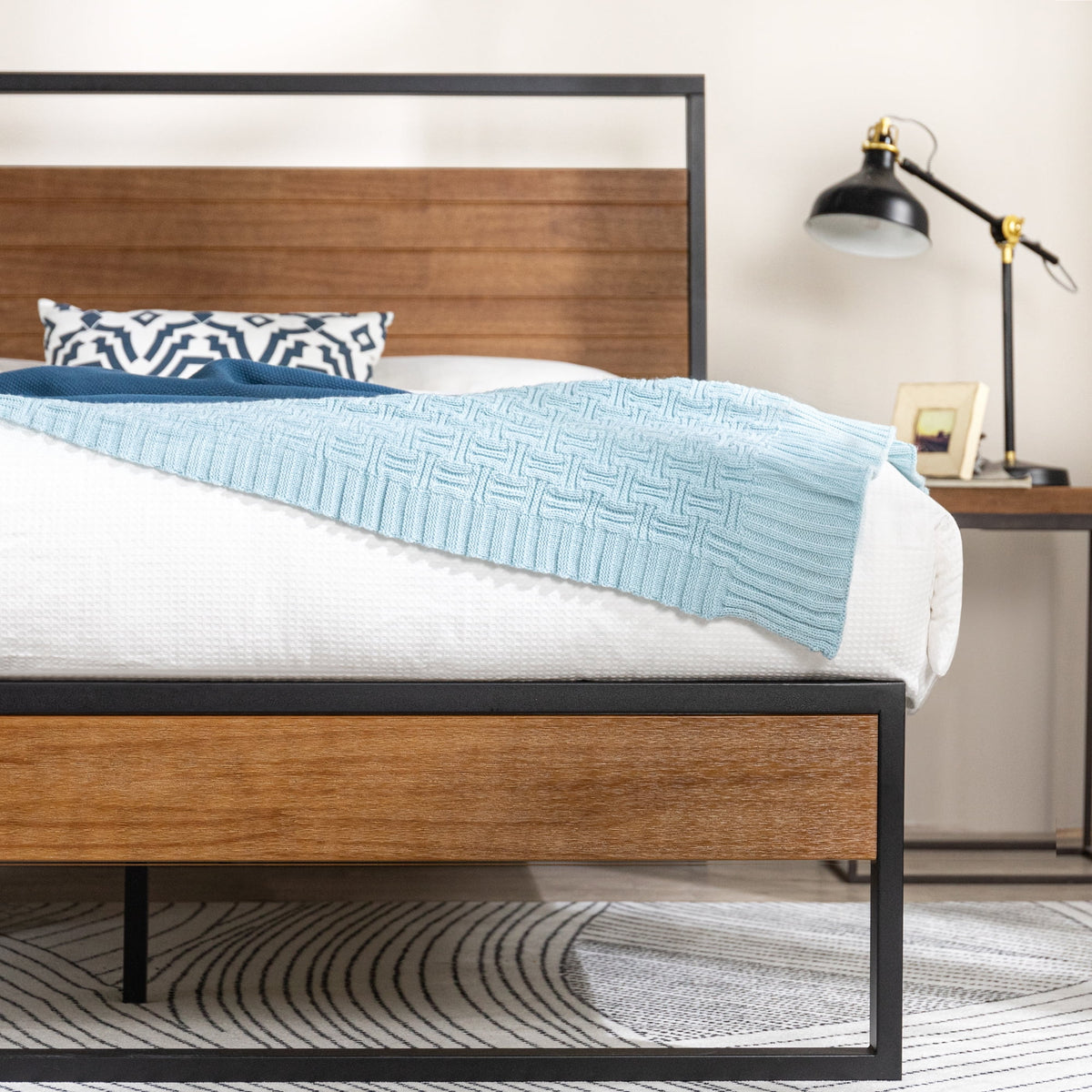 Metal and Wood Platform Bed Frame with Headboard, Chestnut Brown, Full Y4403