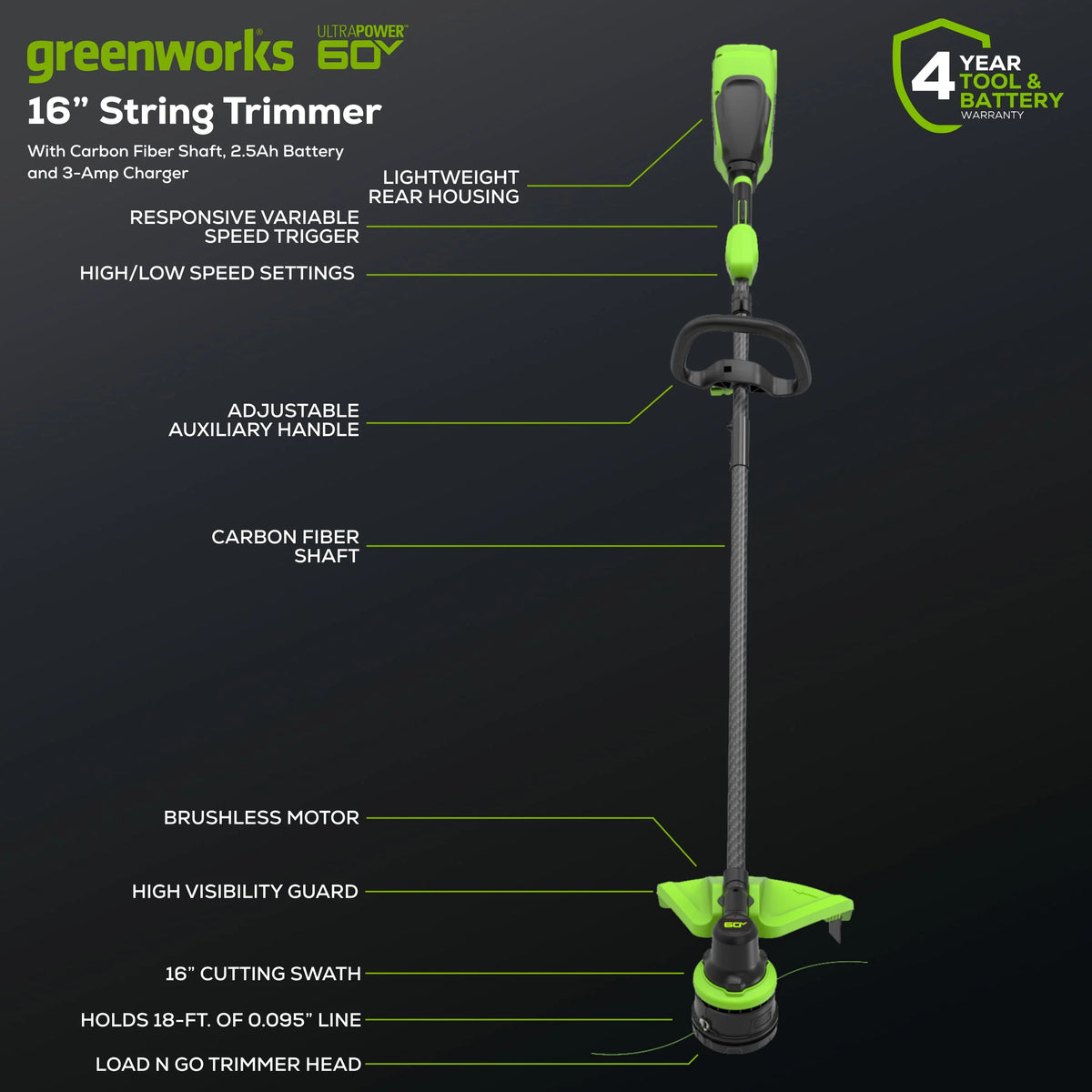 60V 16 Carbon Fiber Shaft String Trimmer with 2.5 Ah Battery Q84783