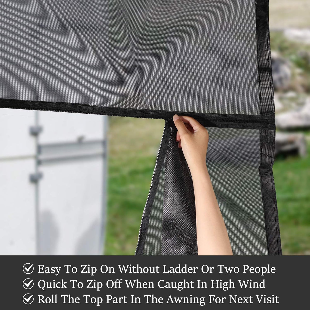 RV Awning Sun Shade Screen with Zipper 15' x 9' Black Mesh A207555