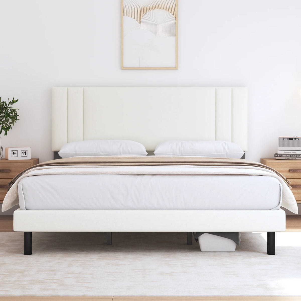 Beige Full Size Upholstered Platform Bed Frame X46864